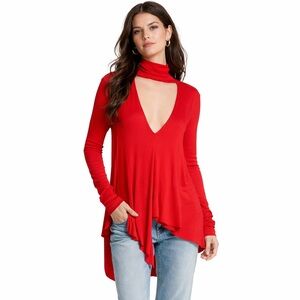 Free People Uptown Turtleneck Tunic Top Red Size S Keyhole Raw Edges High-Low